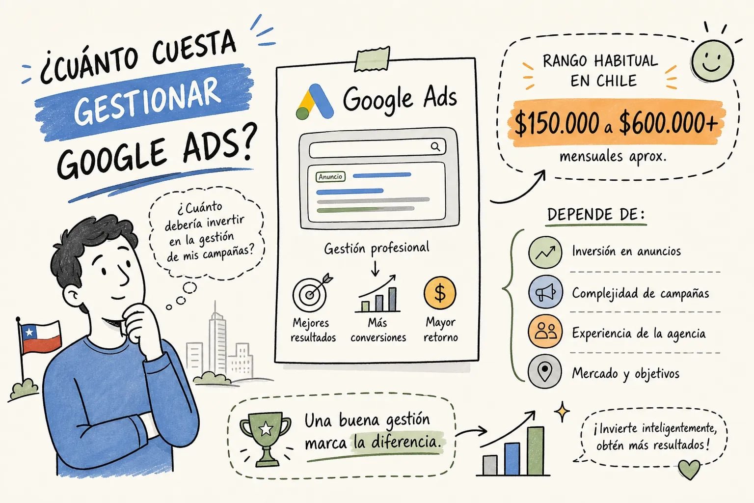 Ilustración sobre cuánto cuesta gestionar Google Ads en Chile, con rango de $150,000 a $600,000 mensuales y factores clave de inversión.