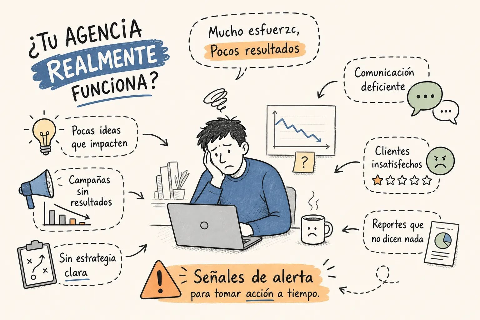 Ilustración de un hombre frente a una laptop rodeado de notas con mensajes como 'mucho esfuerzo, pocos resultados' y señales de alerta de marketing.