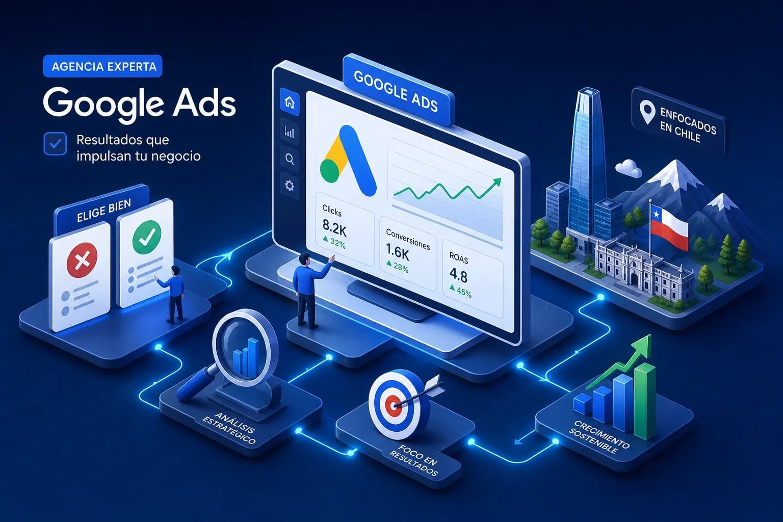 Agencia experta en Google Ads mostrando un panel con métricas y gráficos para impulsar tu negocio, en tono azul.
