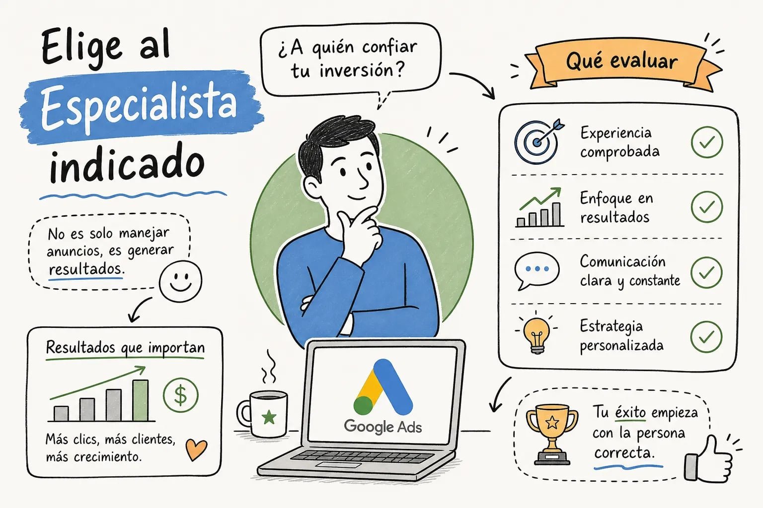 Infographic in Spanish about choosing the right Google Ads specialist, with a thoughtful person, checklist, and growth visuals.