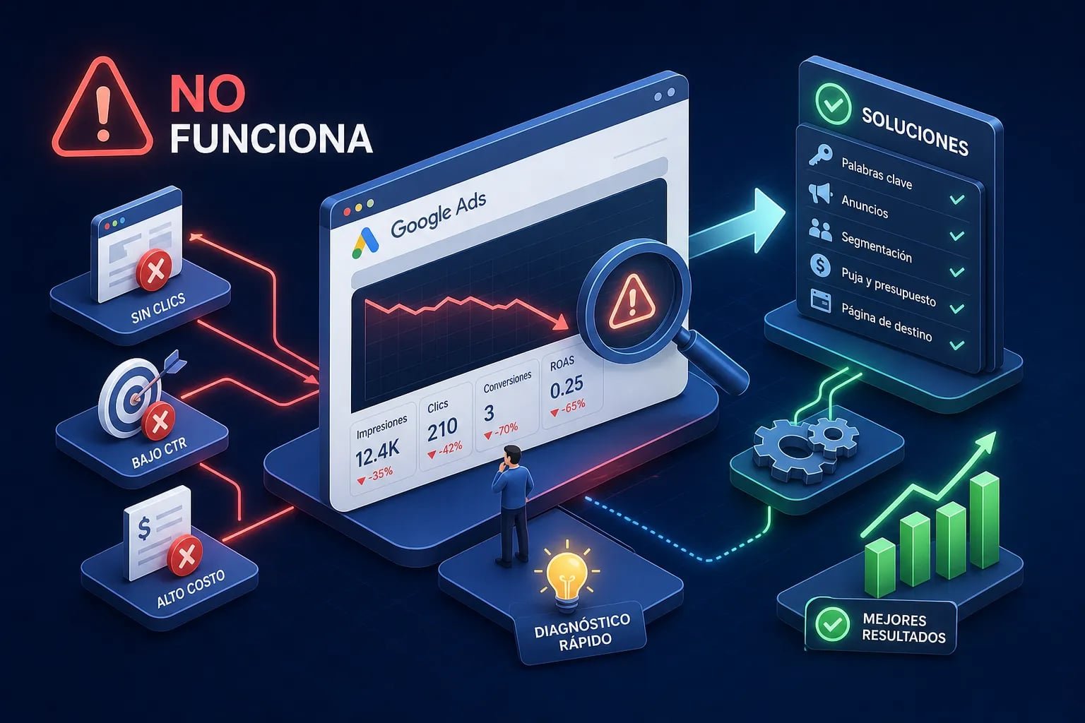 Google Ads dashboard with a red 'NO FUNCIONA' warning, indicating no clicks, low CTR, and high cost.