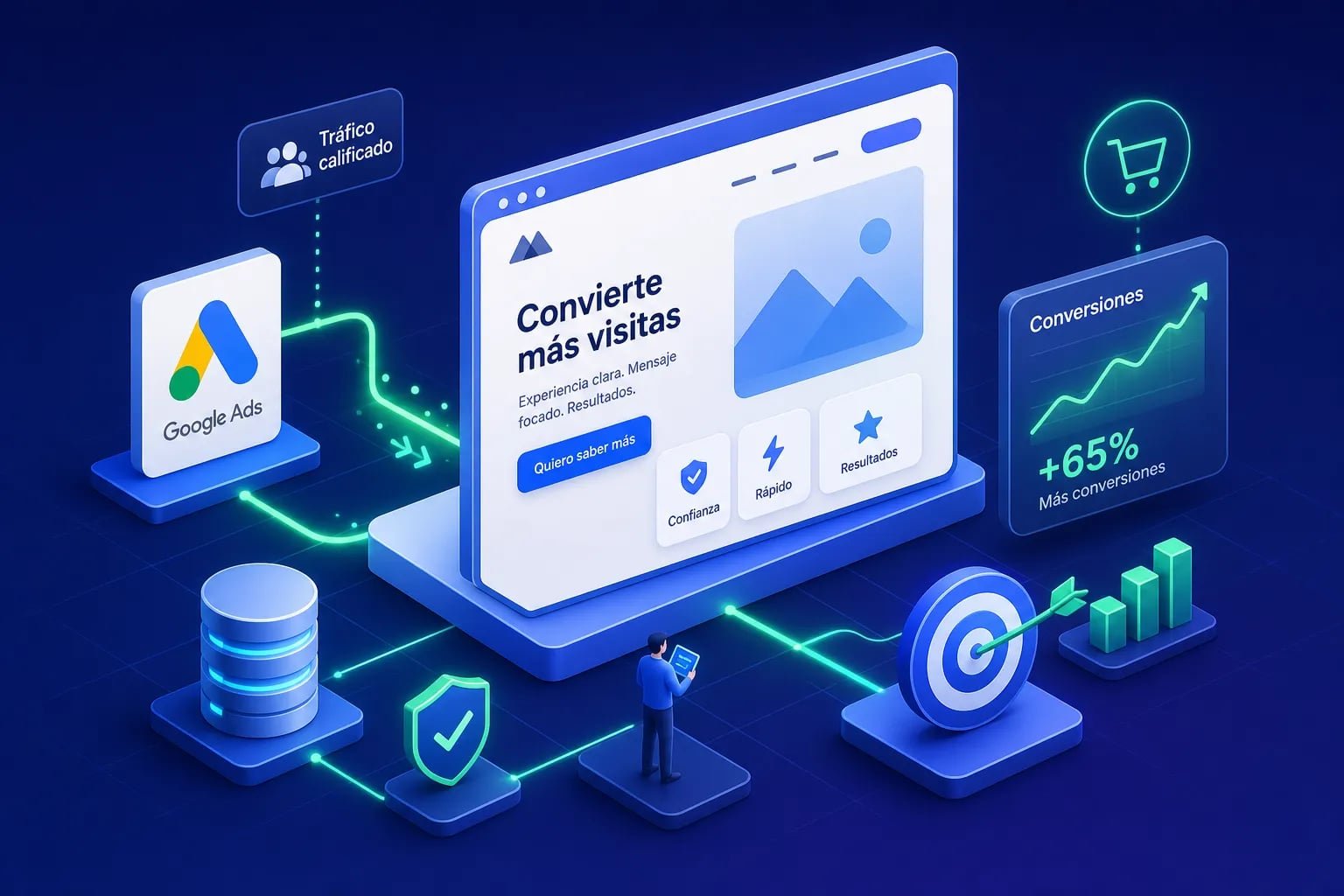 Isometric dashboard with a large screen saying 'Convierte más visitas', Google Ads logo, charts, and a target icon.